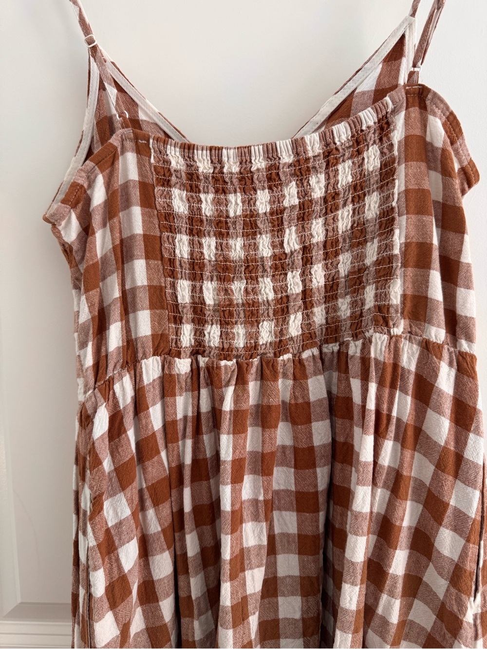 Brown/Rust & White Gingham Midi Dress Cottagcore linen Picnic summer - Picture 6 of 12